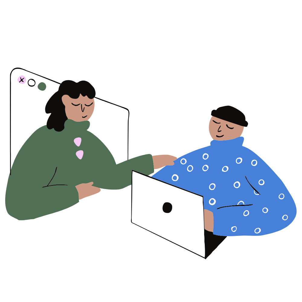 Illustration of two people working together on a screen
